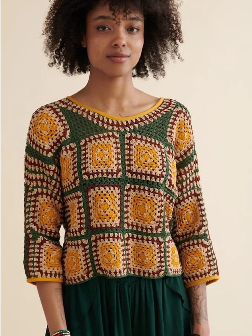 EARTHBOUND Crochet Square-Panel Pullover in Green, Mustard & Cream